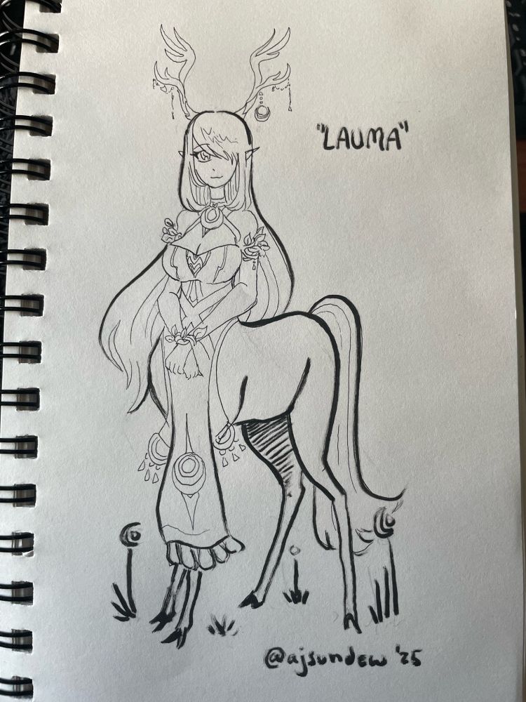 "Lauma" from the game "Genshin Impact," in her centaur form. She has long, decorated antlers and a lose-fitting druidic outfit on her human portion. Her arms are crossed delicately in front of her, and she is standing around various lunar flora. Her hair flows gently behind her. Text reads "Lauma" with signature @ajsundew '25