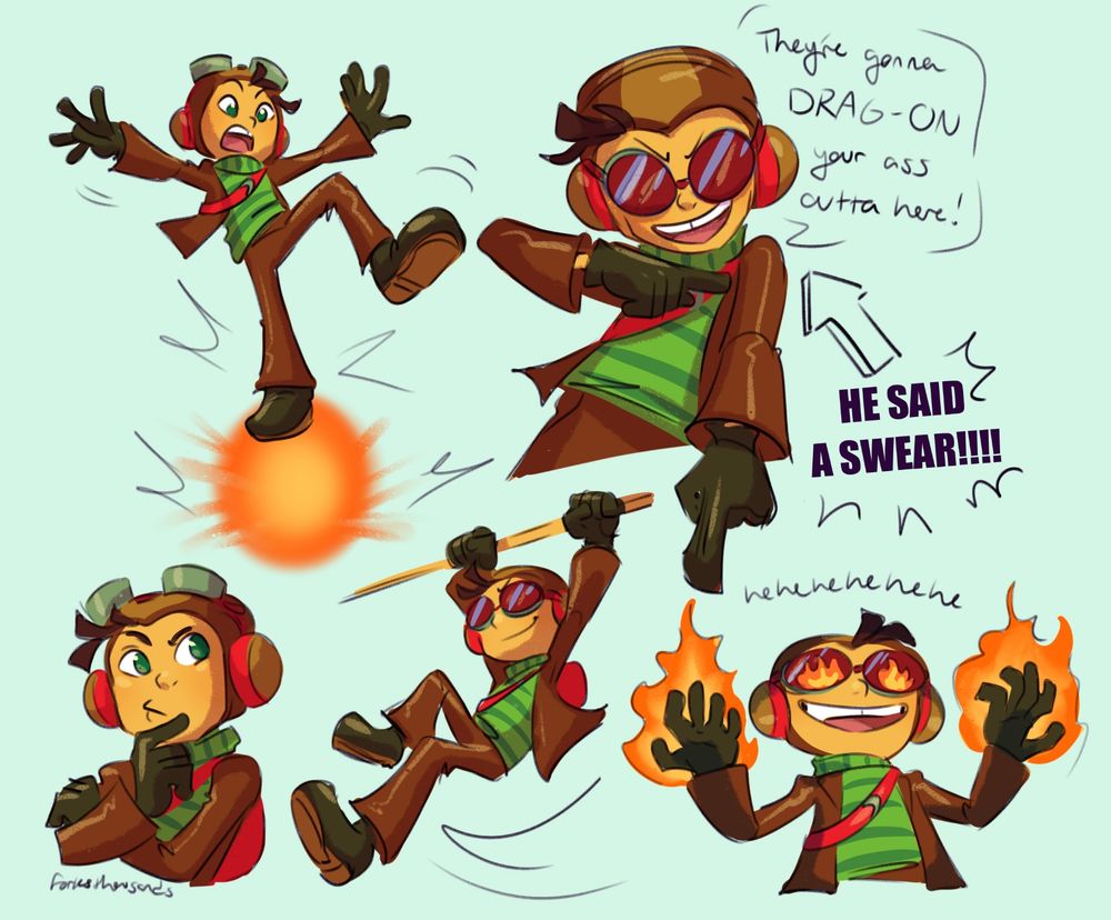 More drawings of Raz using his skills and powers