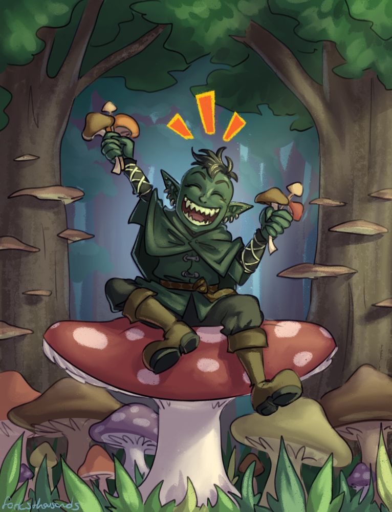 illustration of Ahxa, a cheerful goblin happily sitting on a large mushroom holding up fistfuls of smaller mushrooms, 
surrounded by a forest 