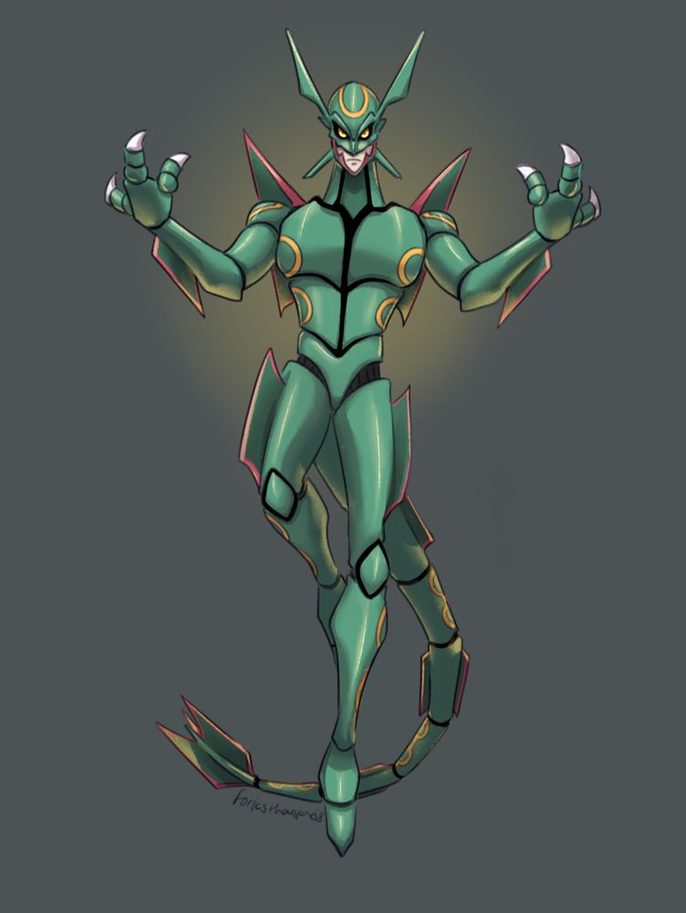Gijinka of Rayquaza as a tall, lean humanoid covered in mech-like armor, floating and staring with a stern expression.
