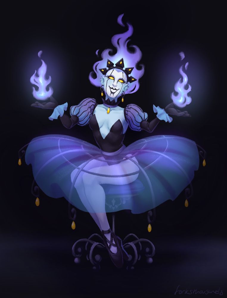 Illustration of a Chandlure Pokémon gijinka. She appears as a haunted ballerina with purple flames for hair, a painted face, and a large hoop skirt tutu, seated on a ironwork stool. She holds up her hands which emanate the same purple flames as she sits in the dark with an eerie smile.