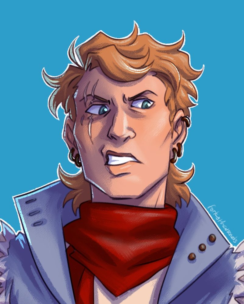 Portrait of Ollie from The Blood of Azra. She has fair skin, blue eyes, choppy blonde hair in a mullet cut, multiple piercings, and scars over her right eye. She wears a red scarf and a denim vest with a popped collar and has a sour expression.