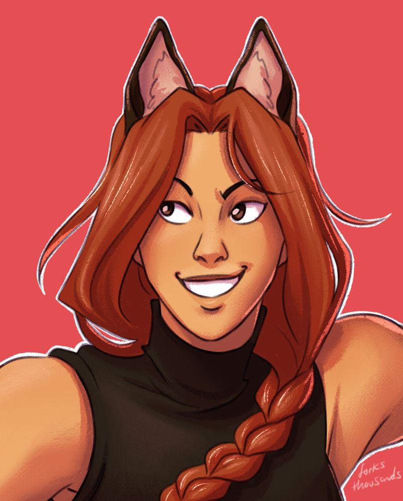 Portrait of Lin Wen from The Blood of Azra. She has medium-toned skin, long red hair pulled into a loose braid, and a pair of wolf ears on top of her head. She wears a turtleneck tank top and has a mischievous smile.