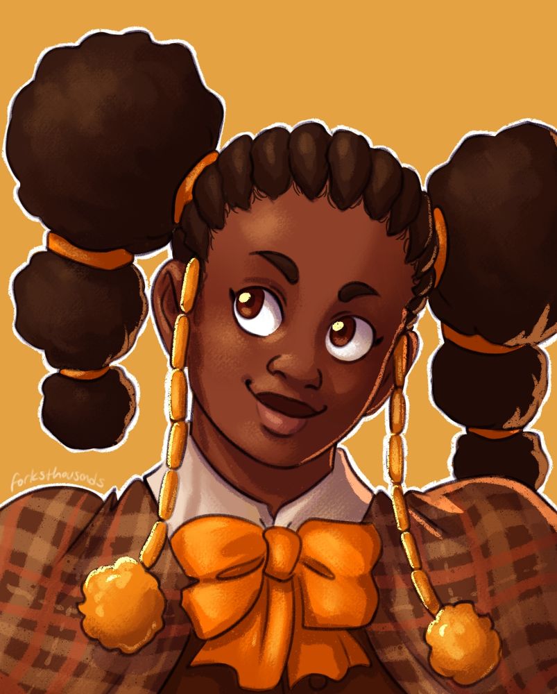 Portrait of Dami from The Blood of Azra. She has dark skin and dark brown hair worn into elaborate afro puffs, with long jeweled strands coming from her temples. She wears a collared shirt, vest, and bow underneath a plaid academic cloak, and she has a curious, bright smile.
