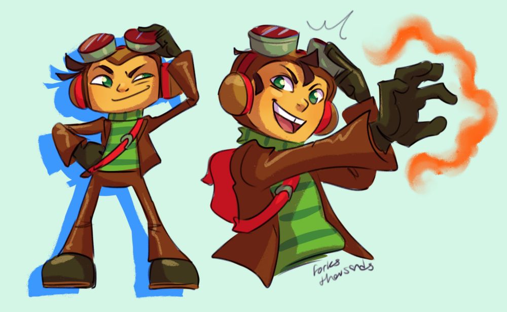 Drawings of Raz from Psychonauts, one in game-proportions, one more in OP's art style