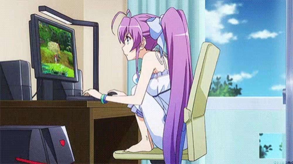 a girl with purple hair is playing a game on a computer