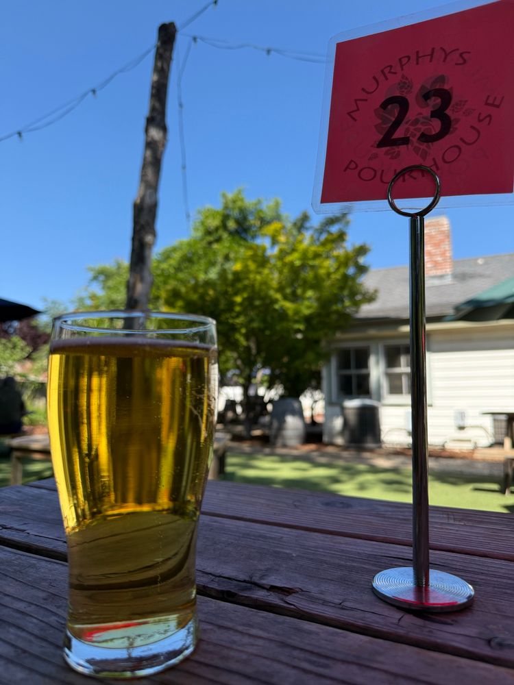 A Mexican lager in a pint glass at Murphys Pourhouse in the yard. Blue sky, picnic table, and a lovely afternoon. 