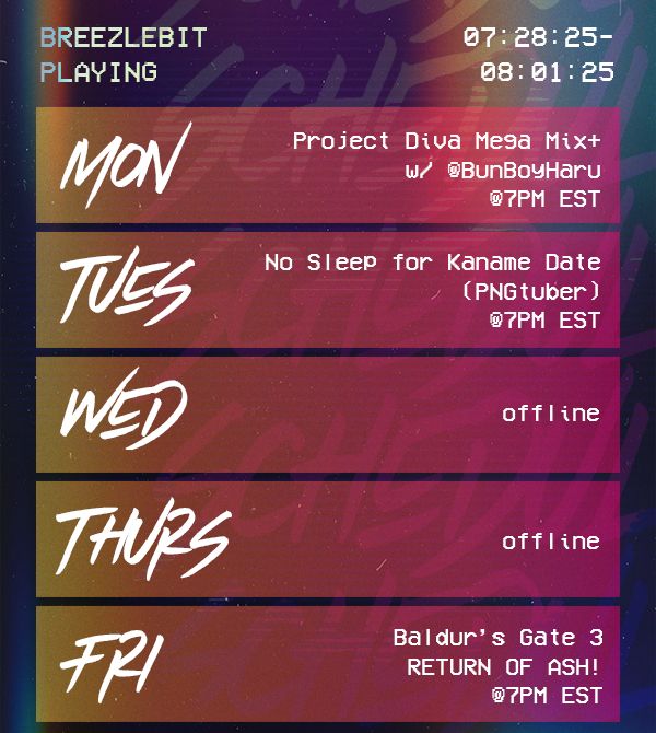 VHS aesthetic schedule image describing the stream schedule of Breezlebit on Twitch