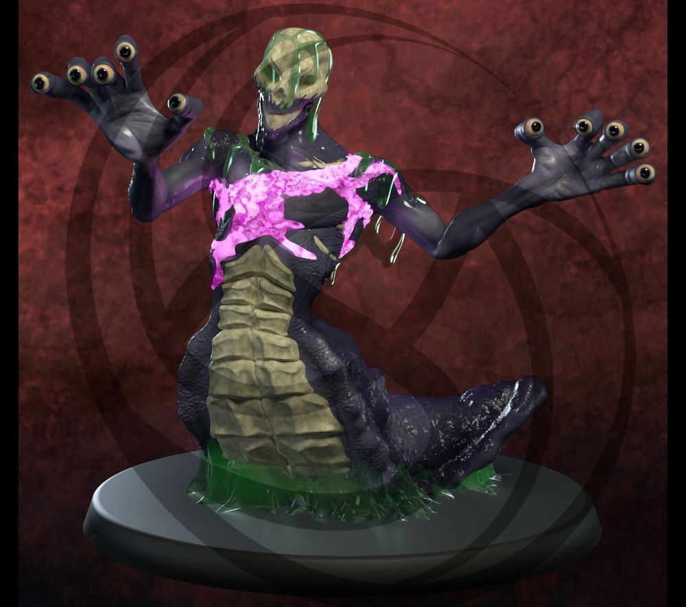 Slug creature with human skull and arms. He has eyes in each finger and a purple scar of energy in his chest