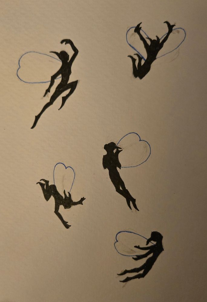 Five black silhouettes if fairies in various poses with blue wing outlines