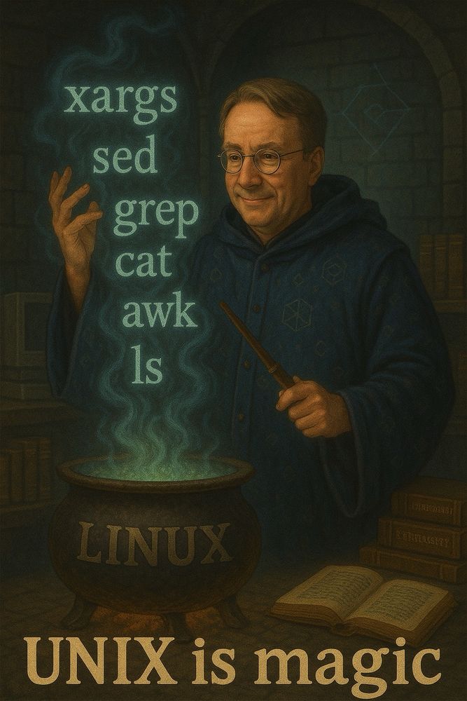 A Linus Torvalds looking wizard holding a wand and coaxing smoke from a cauldron. The cauldron has the word Linux on it and the smoke rising from it has the names of various unix commands like xargs, grep, awk and cat. The text at the bottom says “UNIX is magic”