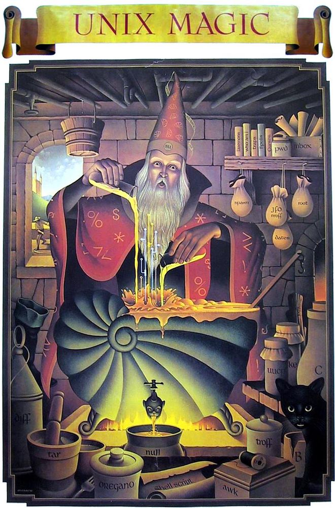 A wizard pouring things into a cauldron. But the cauldron is a shell. There are pipes over head with a cat in the bottom right. Incredibly detailed with all sorts of in jokes. 