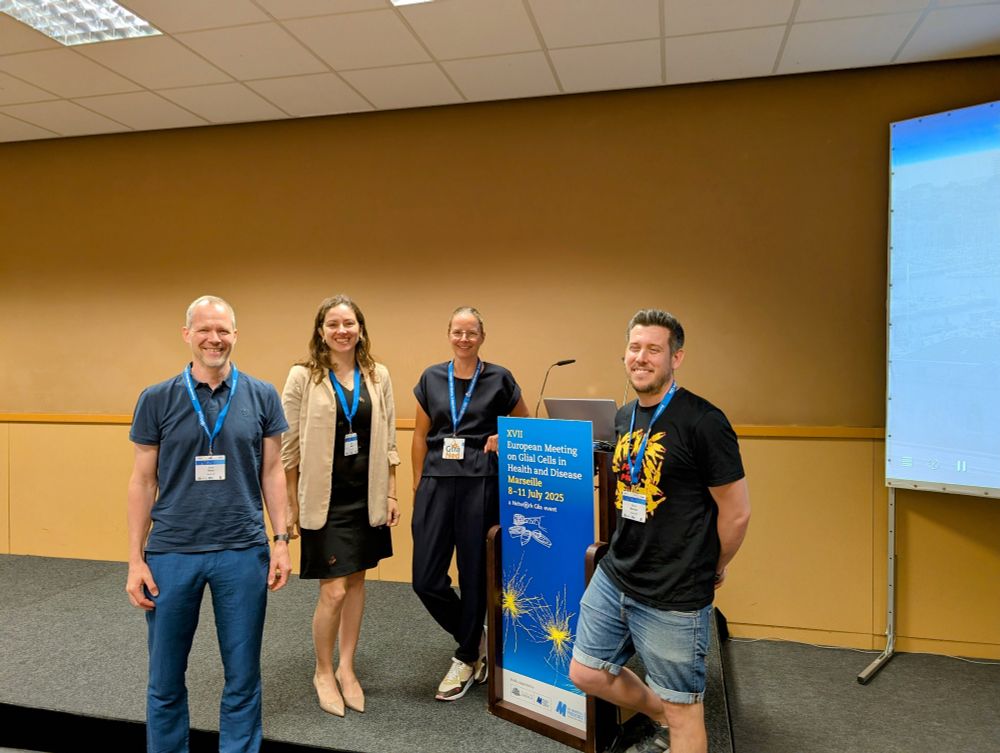 Jonas Neher, Sarah Marzi, Susanne Kooistra and Renzo Mancuso at the microglia epigenetics symposium for the Glia conference 2025 in Marseille.