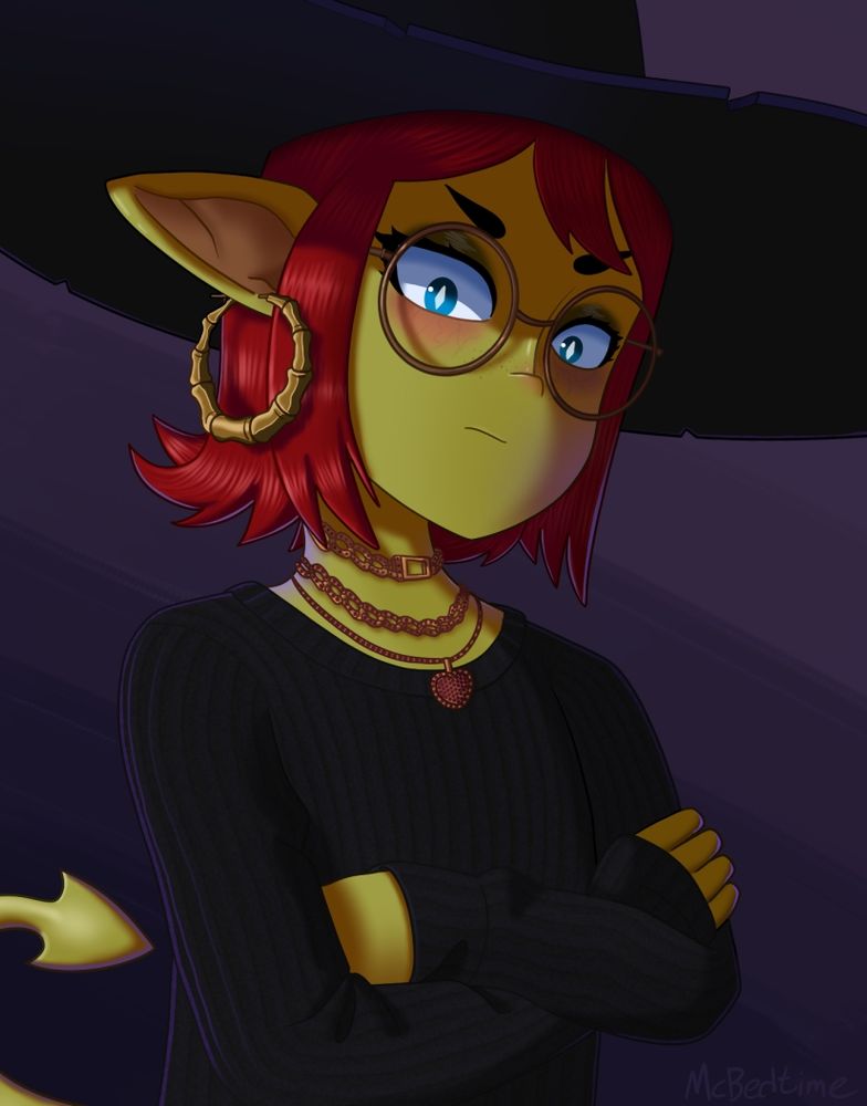 goblin character with pale green skin, short red hair, witch hat, and black sweater