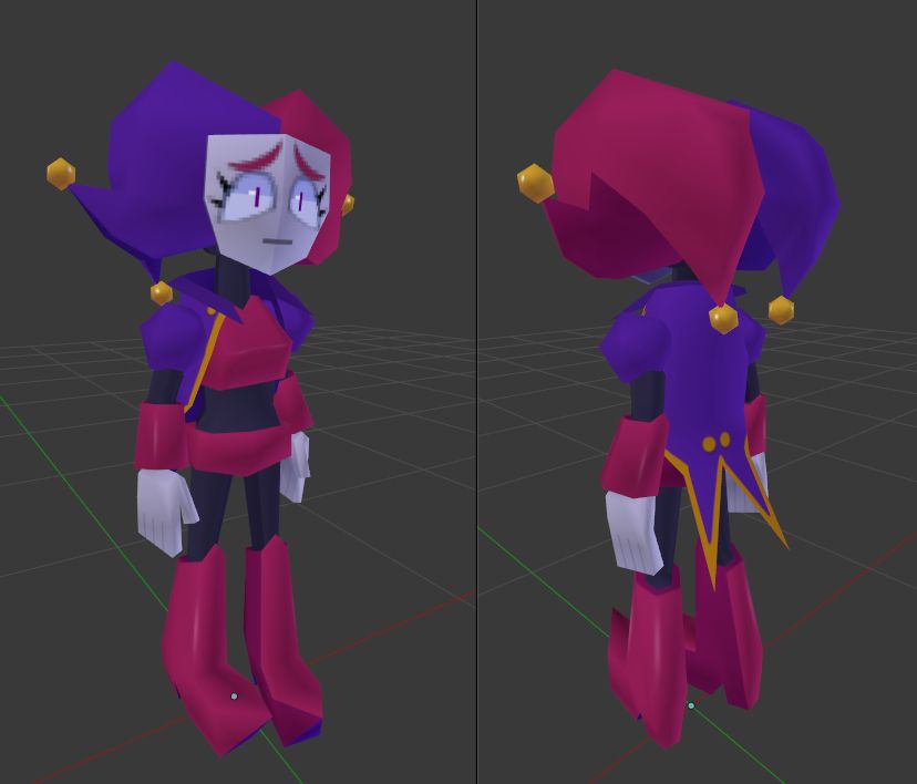 a cartoony jester-like character in a retro low-poly video game style