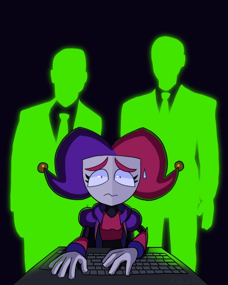 TimidTyper standing at a computer terminal and looking mortified as two glowing green silhouettes of men in suits stand behind her menacingly