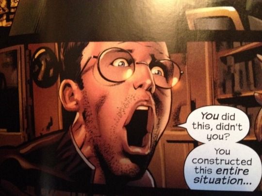 A photograph of a Greg Land illustration from a Marvel comic book. The face does not match the dramatic dialogue whatsoever, to an absurd degree.
