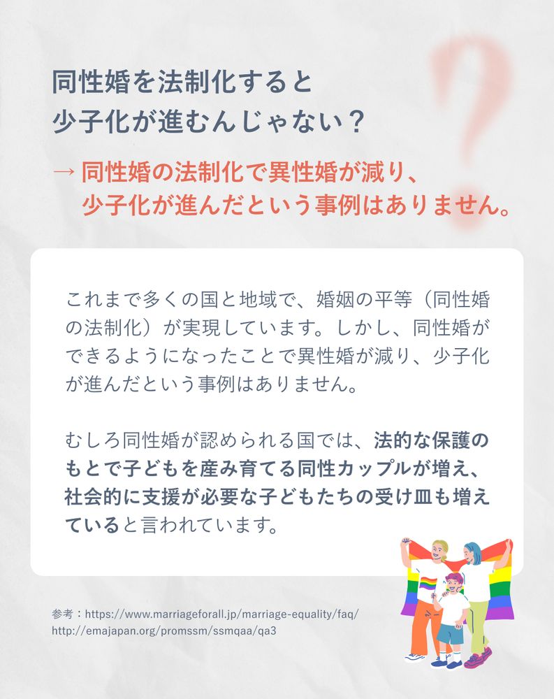 同性婚を法制化すると少子化が進むんじゃない？
→ 同性婚の法制化で異性婚が減り、少子化が進んだという事例はありません。
これまで多くの国と地域で、婚姻の平等（同性婚の法制化）が実現しています。しかし、同性婚ができるようになったことで異性婚が減り、少子化が進んだという事例はありません。
むしろ同性婚が認められる国では、法的な保護のもとで子どもを産み育てる同性カップルが増え、社会的に支援が必要な子どもたちの受け皿も増えていると言われています。
参考：https://www.marriageforall.jp/marriage-equality/faq/
http://emajapan.org/promssm/ssmqaa/qa3

