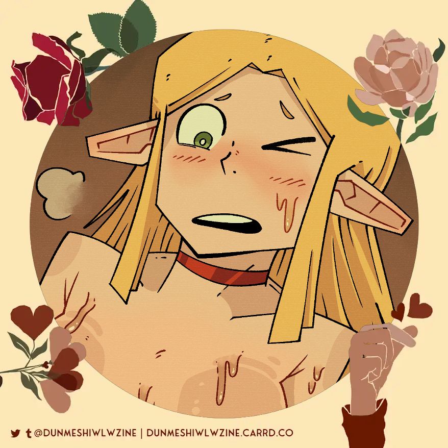 Marcille blushing and covered in some sticky substance. Wonder what Falin might be doing just out of view...

@dunmeshiwlwzine | dunmeshiwlwzine.carrd.co
