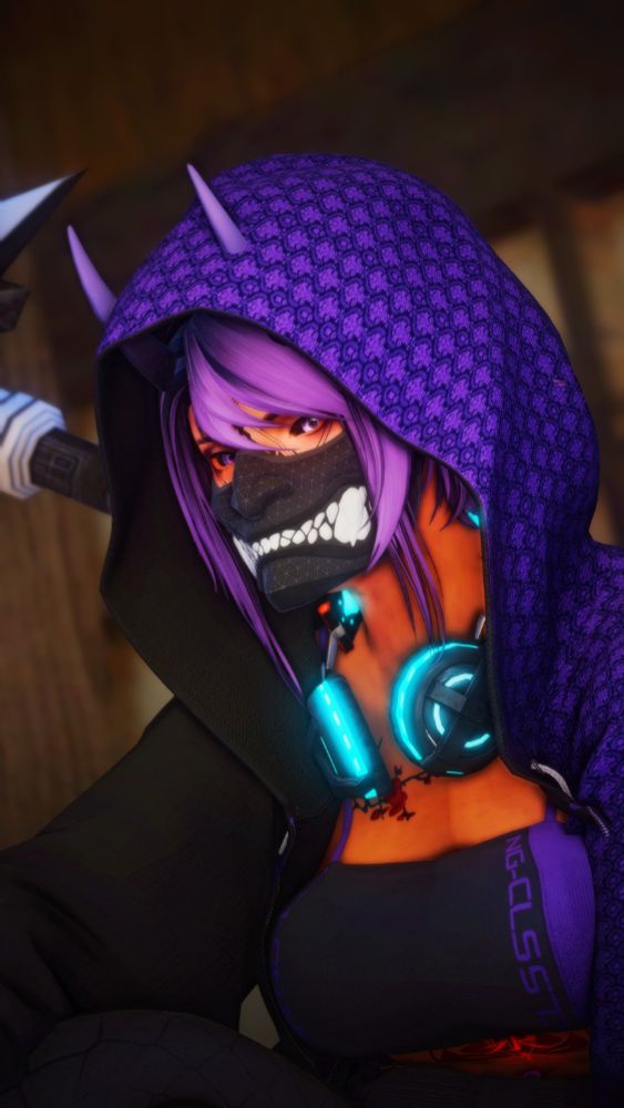 My OC from FFXIV looking at the camera wearing a purple hoodie with a Oni mask and horns.