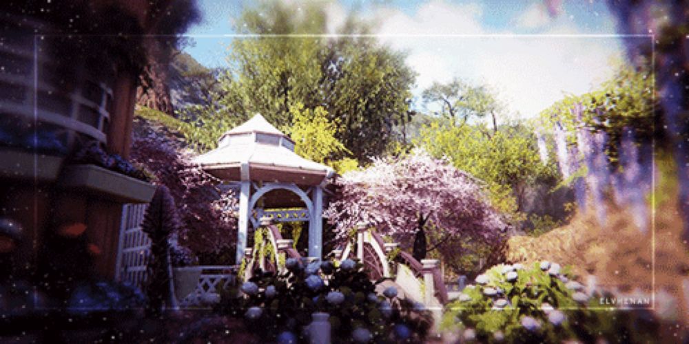 a picture of a gazebo in a garden with the name elvienan on the bottom right