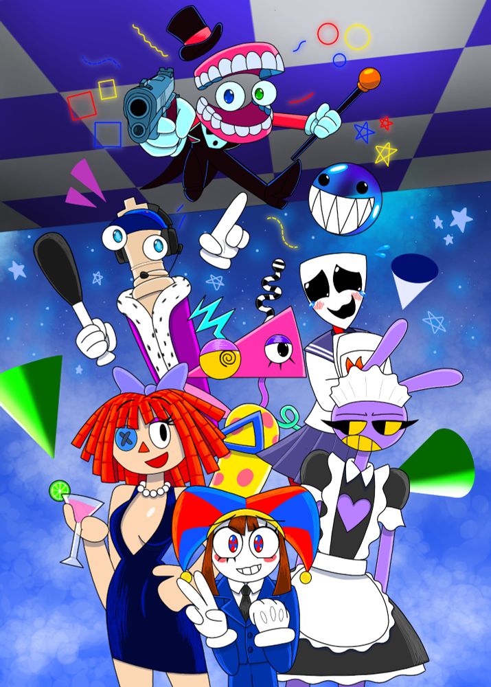 The Drawing depicts uh... anything!
Pomni is the president, wait wuh?
Jax in a Maid Outfit, ookay... Gangle in an Anime, h-huh? Kinger with a baseball bat um... and Ragatha in a beautiful dress, wait Caine with a gun, W-WHAT IS THIS!?
