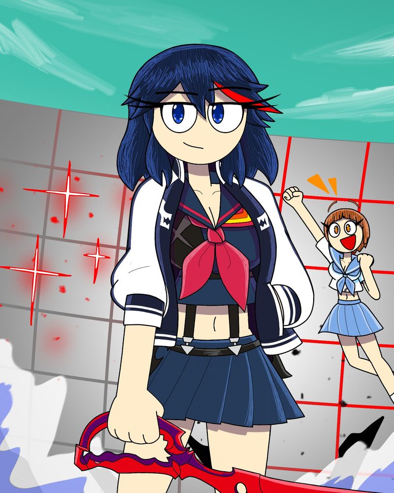 Drawing Depicts Ryuko wielding her Scissor Blade, while her bestie Mako is cheering her on in the Background.