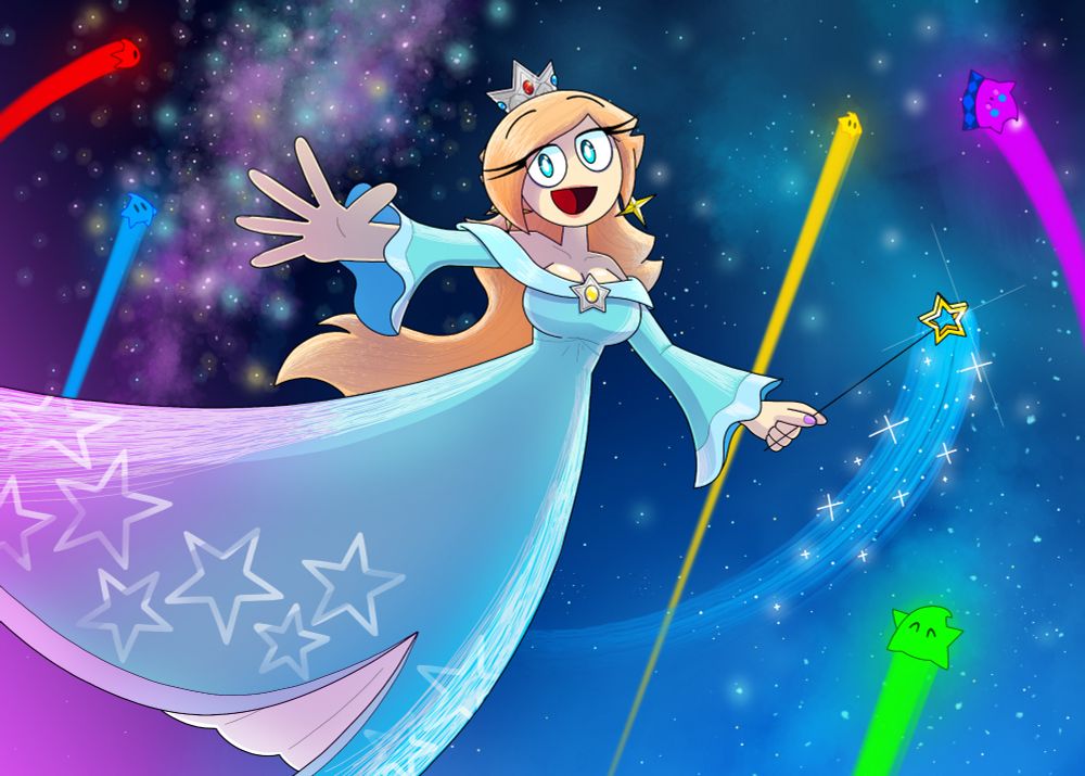 Beautiful Space Traveler, Princess Rosalina flies through space with all her star children. <:3