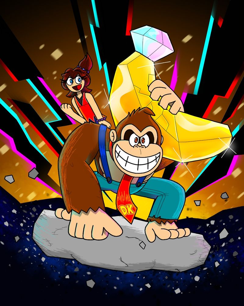 Donkey Kong along with Pauline Turf surfing on a Rock as DK holds onto a Banandium Gem.