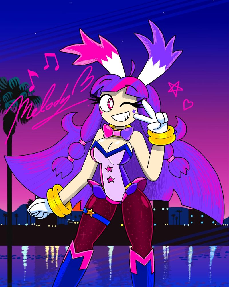 Drawing depicts Melody the J-pop singer wearing a Bunny Outfit, presumably a trading card she doesn't know existed lol :v