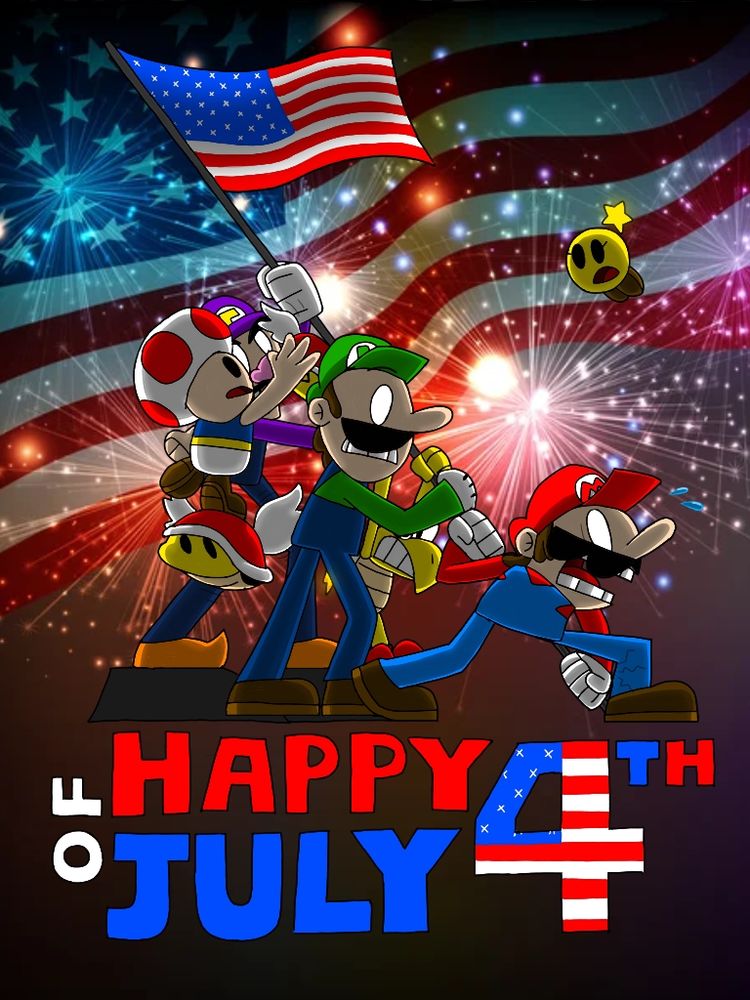 Drawing of Mario, Luigi, Toad, Waluigi, and Starlow carrying up the flag for the Fourth of July (Made 3 years ago)