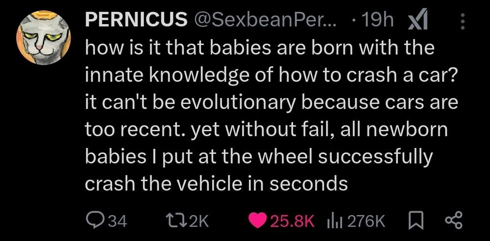 "how is it that babies are born with the innate knowledge of how to crash a car? it can't be evolutionary because cars are too recent. yet without fail, all newborn babies I put at the wheel successfully crash the vehicle in seconds" - Pernicus
