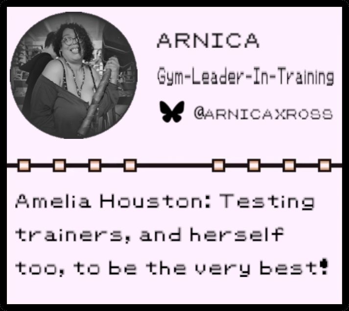 An image replicating the classic pokemon pokedex entry showing a gorgeous African American woman wearing glasses and long hair partially covering her face as she smiles and holds a massive sledge hammer

Her text entry says "Arnica gym-leader-in-training
@arnicaxross

Amelia Houston:Testing trainers, and herself too, to be the very best!" 