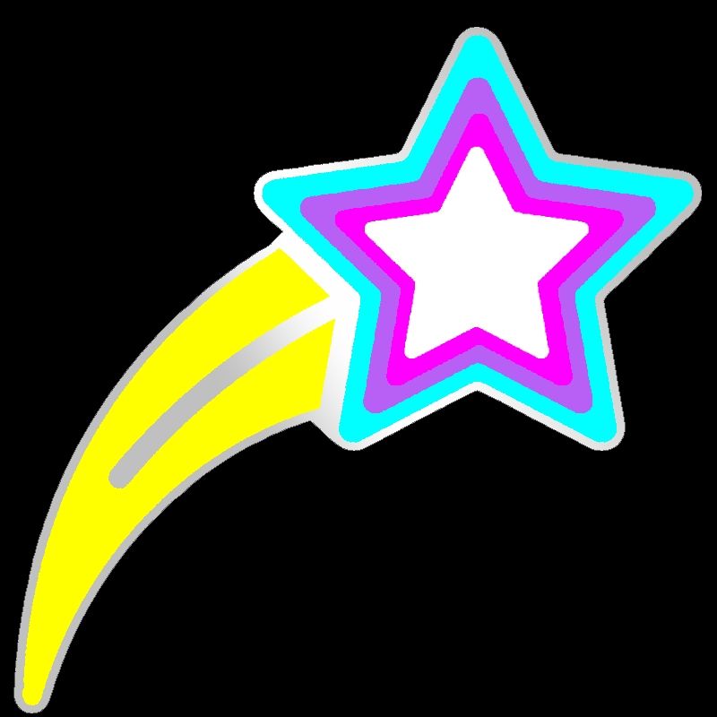 A shooting star badge having several smaller stars inside the central star starting with bright blue, purple, then pink and ending in white 