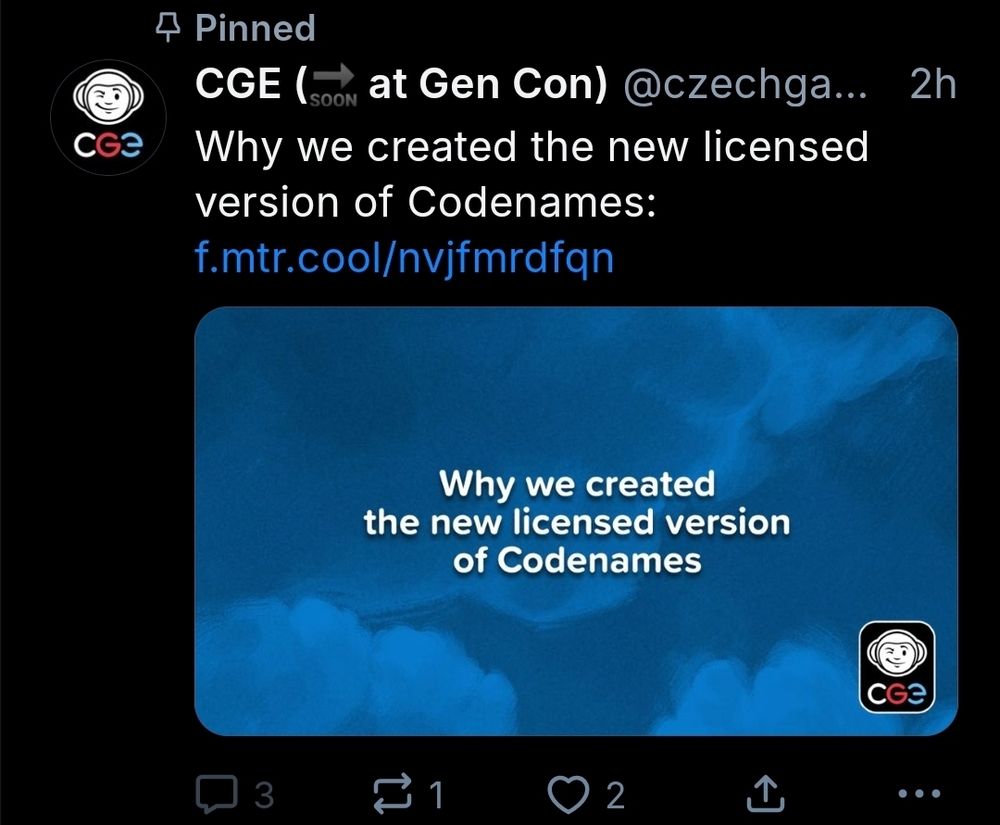 Screenshot of Cge games post that they've pinned saying "why we created new licensed version of codenames" in relation to their announcements to have a Harry Potter themed codenames game with their moeny going to a know attacker of trans people 