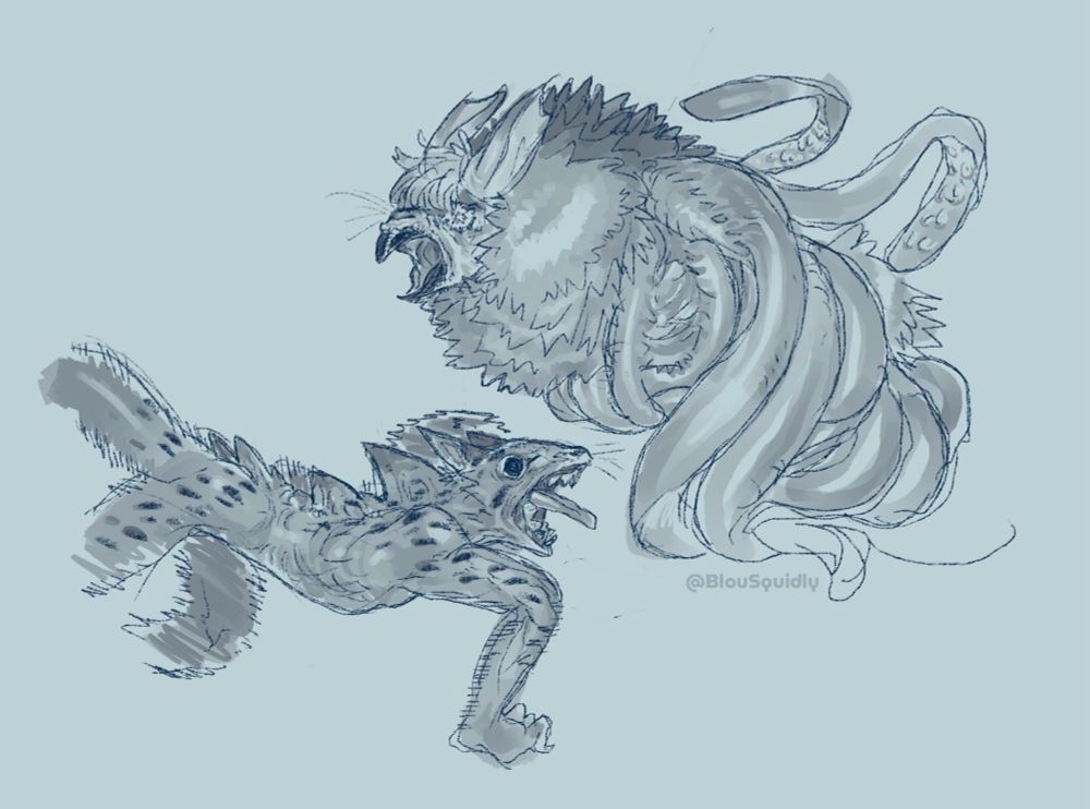 Axel (left) & Squid (right) violently morphing to their hybrid form, turning themselves into a strange mixture of land and sea creature.
