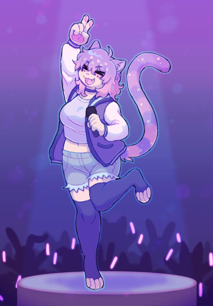 a drawing of a pink and purple anthro cat. she's standing on one leg, the other raised behind her. she's holding up a peace sign with one hand, the other gripping a microphone close to her. her tail is in a curled 'S' shape behind her. she's wearing a purple letterman jacket and a light blue pair of denim shorts with dark purple thigh highs. she's on a lit stage with an audience behind her holding up pink and purple glowsticks.