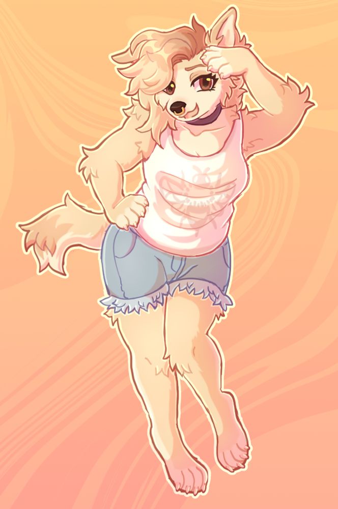 a drawing of an anthro chihuahua. she has a bee tank top and frayed denim shorts. she's standing on one leg, the other slightly behind her and one hand on her hip, the other raised to her head as if blocking the sun from her eyes. the background is a pink/orange marble pattern.