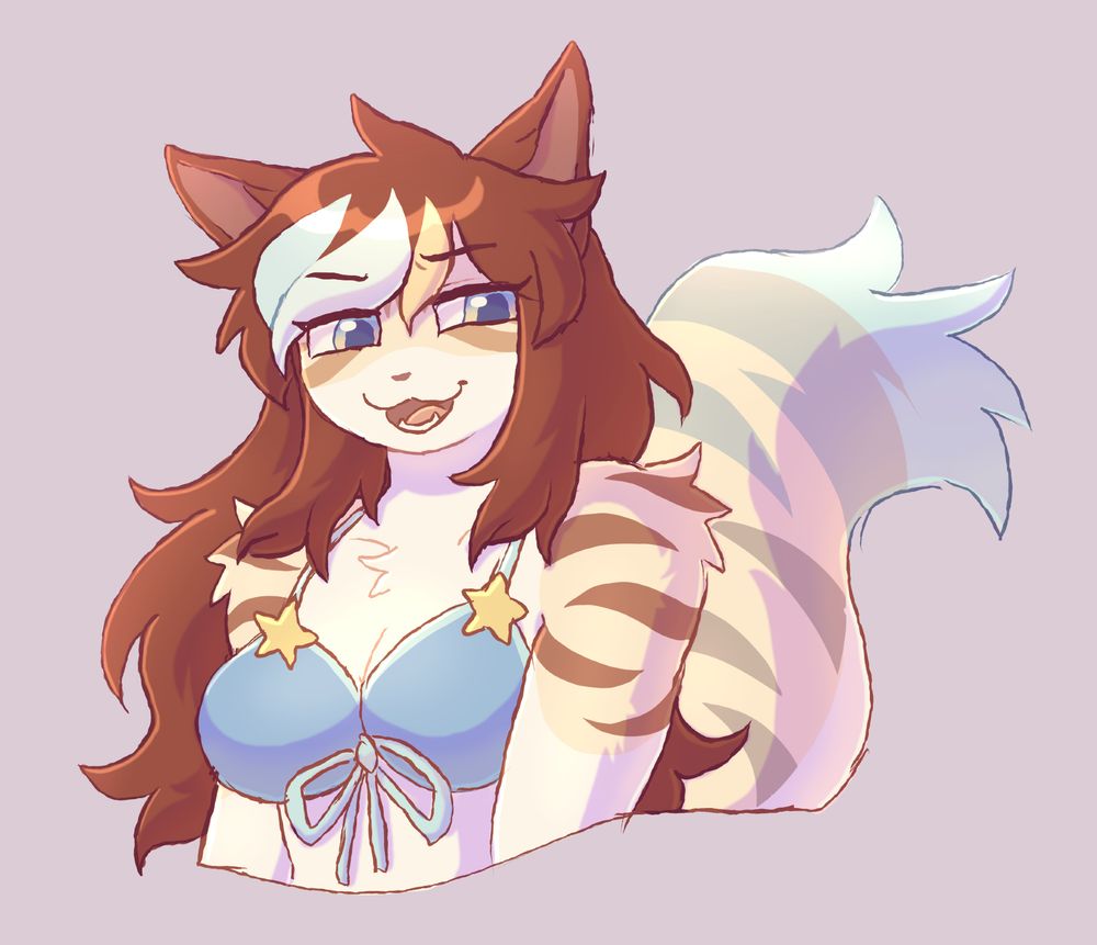 a bust drawing of an anthro cat. she's a tan color with brown stripes that gradually change to blue on her tail. she has long brown hair with a few highlights and is wearing a swim top with stars and a bow on the front. she has a smug expression.
