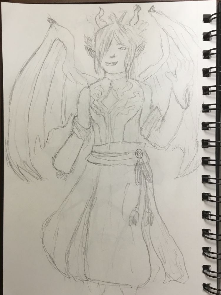 Pencil doodle of Wynter’s V-Tuber model. He is a dragon boy, with broad wings, and horns on his head. He is wearing a robe with a cut out on his chest.