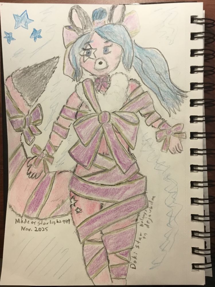 Colored pencil doodle of Doki Star, a fox-rabbit hybrid anthromorph with pink fur and light blue hair wrapped in orchid with gold border ribbons. Doki belongs to Dejavudea.