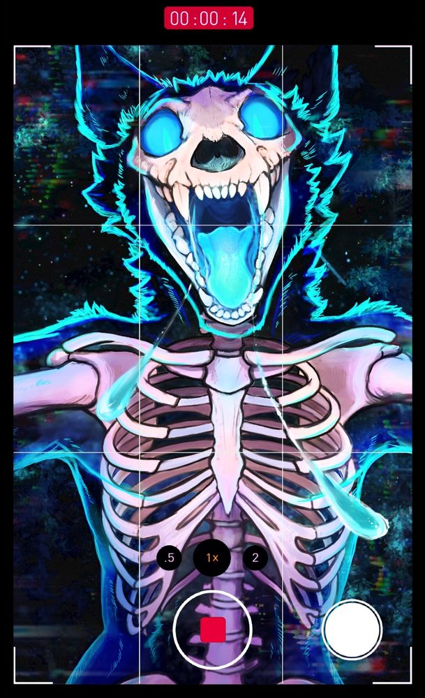 A fancy artwork of Keeling, an anthro fluffy dragon creature, but spookified with neon blue eyes and innards, translucent flesh, and skeleton visible. Picture has a mobile phone camera GUI like you're taking a picture and about to get scrambled by Keeling