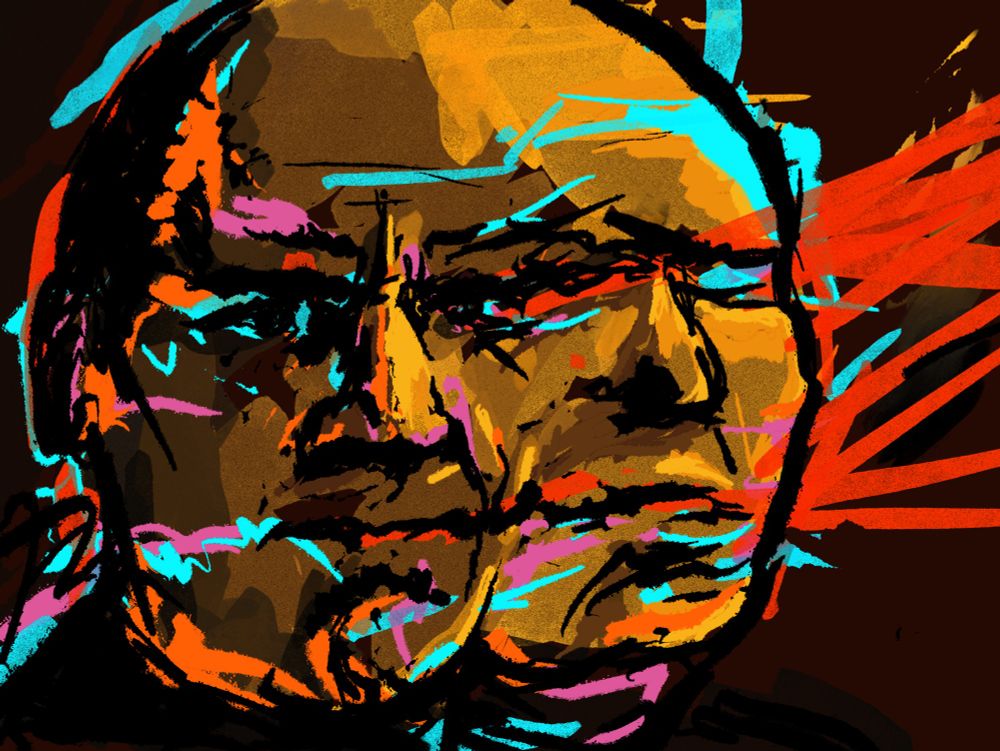 Digital pen, two faces, one serene one in intense emotions, rough ink on black and neons