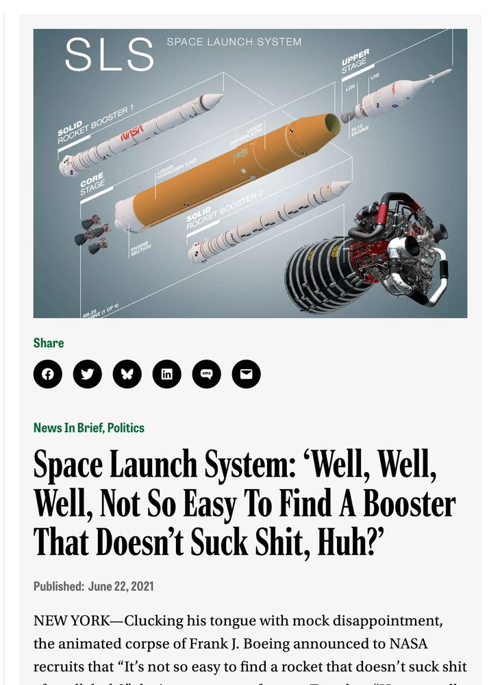 Edit of the Onion article to include the Space Launch System which says "Well Well well not so easy to find a booster that doesn't suck shit, huh?"