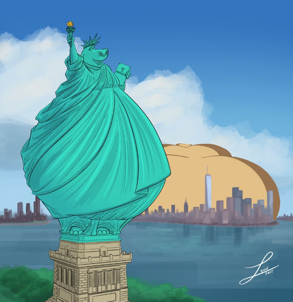 Gloria the hippo, posing as the Statue of Liberty. Gloria is a bit plumper than usual. Alex the lion is in the background, outgrowing Manhattan.