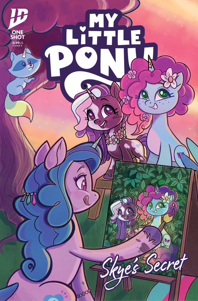 My Little Pony Skye’s secret cover. Violette Rainbow and Misty Brightdawn, both unicorns, are posing by a tree while being painted on canvas by Izzy Moonbow