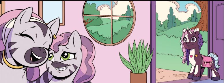 Violette Rainbow watches Skye thee zebra and her mom Mariama while she stands in the doorway in front of a purple door