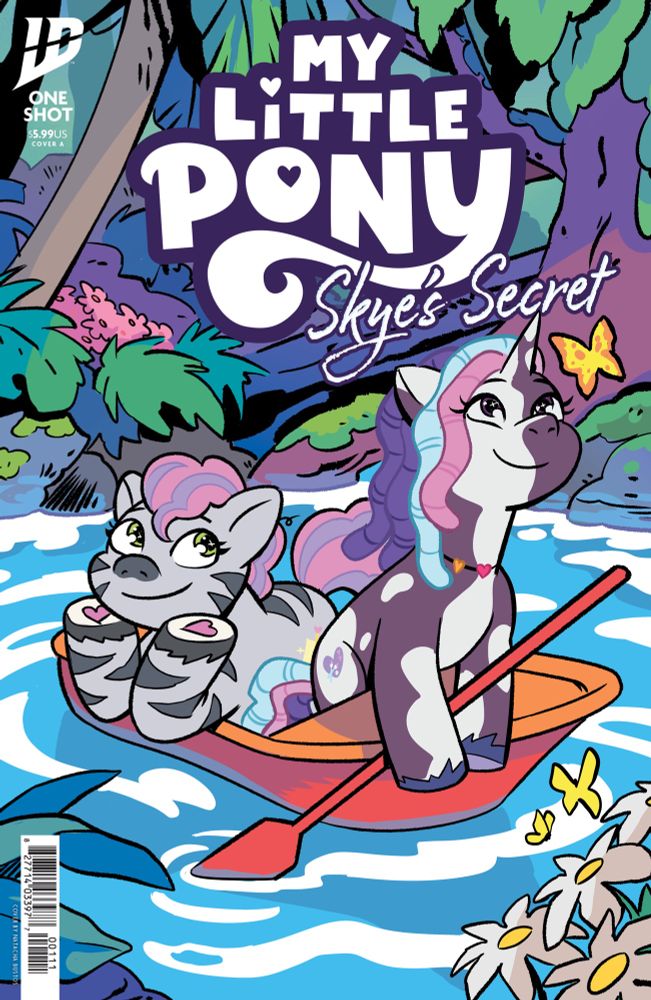 My Little Pony Skye’s secret cover. skye the zebra and Violette Rainbow the unicorn float in a canoe down a river while both Skye and Vi look up