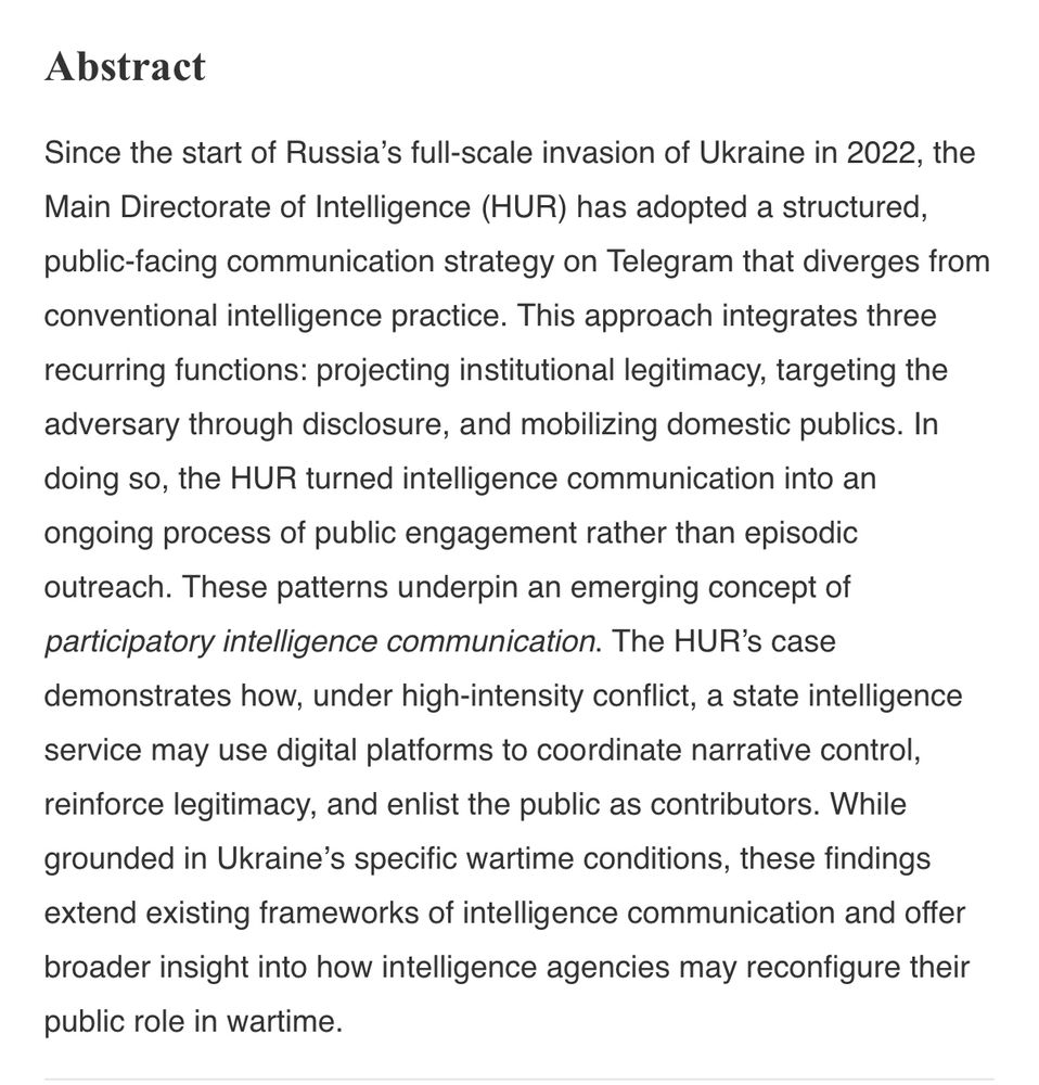 Abstract of Schrijver, P. (2025). Ukrainian Intelligence’s Use of Telegram in Wartime. International Journal of Intelligence and CounterIntelligence, 1–27 