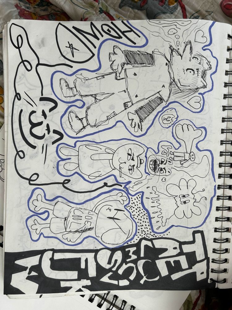 Picture of a sketchbook featuring multiple really cool animals and creatures that you would enjoy hanging out with
